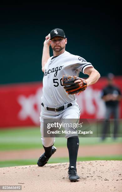 Mike Pelfrey of the Chicago White Sox pitches during the game against the Oakland Athletics at the Oakland Alameda Coliseum on July 5, 2017 in...