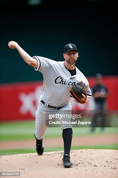 Mike Pelfrey of the Chicago White Sox pitches during the game against the Oakland Athletics at the Oakland Alameda Coliseum on July 5, 2017 in...