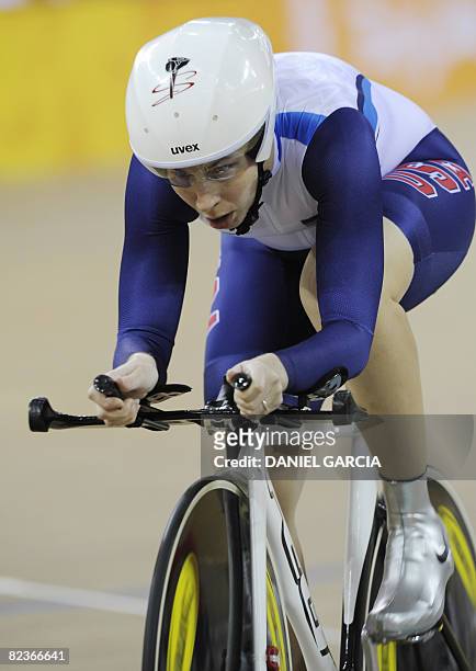 Track cyclist Sarah Hammer of the US competes in the 2008 Beijing Olympic Games women's individual pursuit qualifying at the Laoshan Velodrome in...