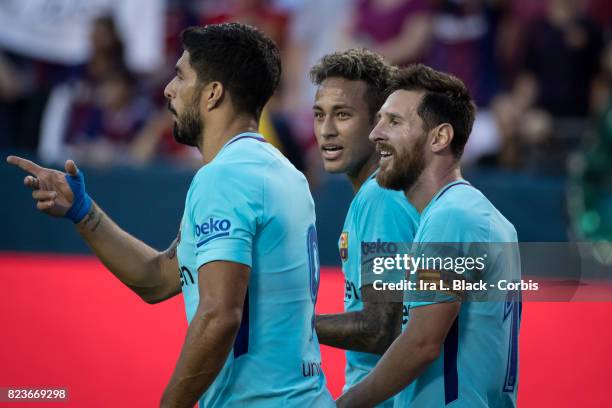 Neymar of Barcelona celebrates his goal with Lionel Messi of Barcelona and Luis Suarez of Barcelona during the International Champions Cup match...