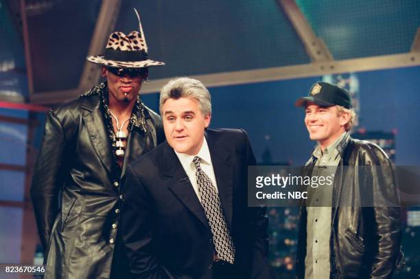Pictured: Basketball player Dennis Rodman, host Jay Leno, and actor Billy Bob Thornton pose for a photo on March 2, 1999 --