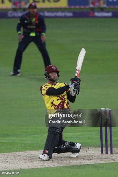 Peter Trego of Somerset hits out during the NatWest T20 Blast South Group match at The Spitfire Ground on July 27, 2017 in Canterbury, England. .
