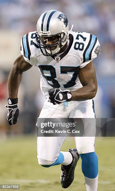 Muhsin Muhammad of the Carolina Panthers runs up the field during the game against the Indianapolis Colts at Bank of America Stadium on August 2008...