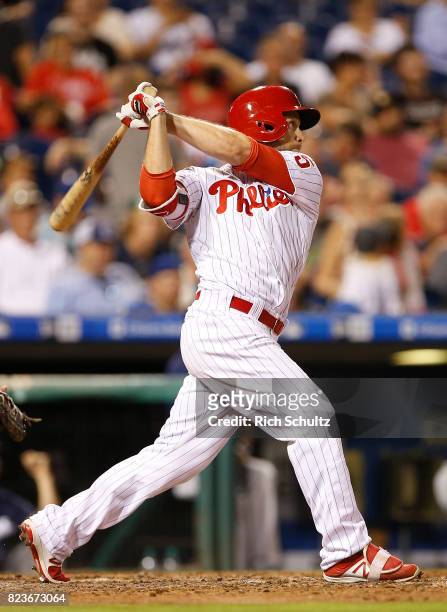 Daniel Nava of the Philadelphia Phillies in action during a game against the Milwaukee Brewers at Citizens Bank Park on July 21, 2017 in...