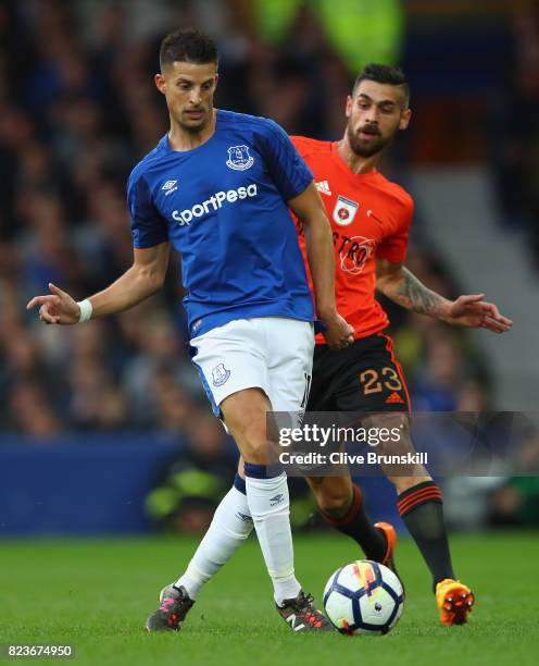 Kevin Mirallas of Everton in action with Erik Daniel of MFK Ruzomberok during the UEFA Europa League Third Qualifying Round, First Leg match between...