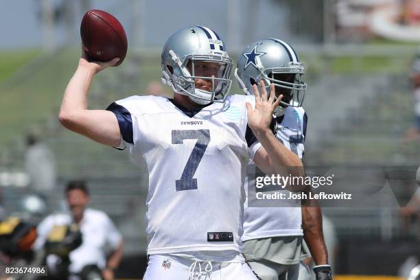 Cooper Rush of the Dallas Cowboys passes the ball during morning practice on July 27, 2017 in Oxnard, California.