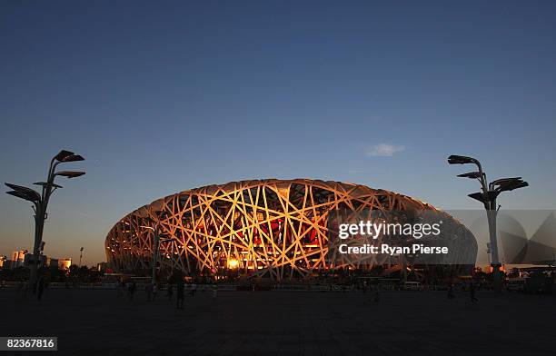 General view of the National Stadium at sunset during the 2008 Beijing Olympic Games on August 15, 2008 in Beijing, China.