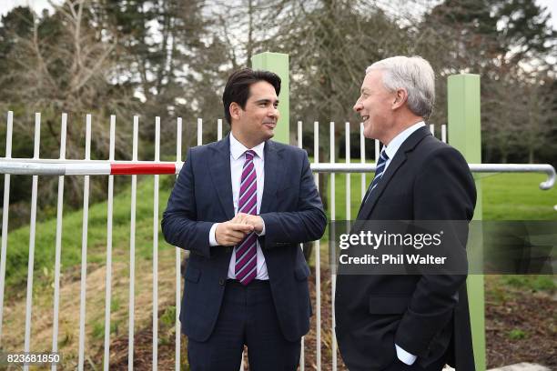 Minister of Transport Simon Bridges and Auckland Mayor Phil Goff look over the new Hendon Footbridge that spans Oakley Creek and the Southwestern...