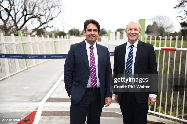 Minister of Transport Simon Bridges and Auckland Mayor Phil Goff look over the new Hendon Footbridge that spans Oakley Creek and the Southwestern...