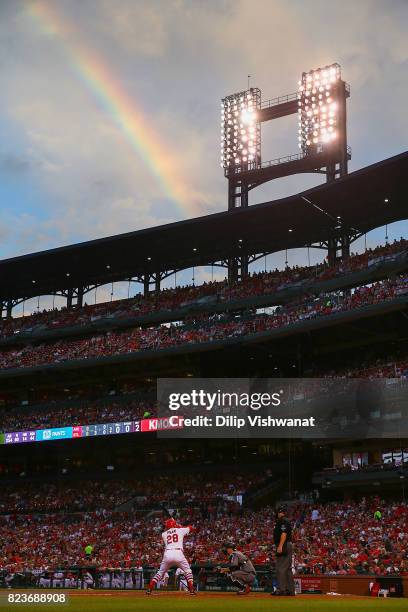 Tommy Pham of the St. Louis Cardinals bats against the Arizona Diamondback in the third inning at Busch Stadium on July 27, 2017 in St. Louis,...