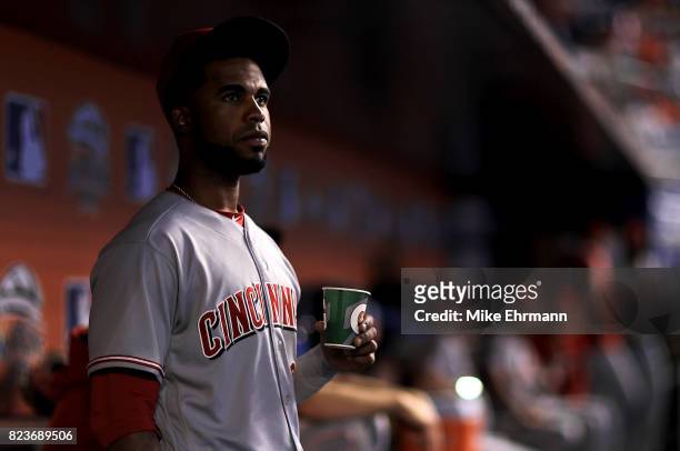 Arismendy Alcantara of the Cincinnati Reds looks on during a game against the Miami Marlins at Marlins Park on July 27, 2017 in Miami, Florida.