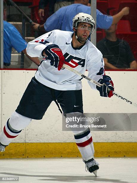 Nick Petrecki of Team USA skates against Team Sweden at the USA Hockey National Junior Evaluation Camp on August 8, 2008 at the Olympic Center in...