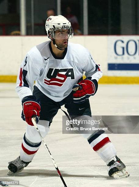 Nick Petrecki of Team USA skates against Team Sweden at the USA Hockey National Junior Evaluation Camp on August 8, 2008 at the Olympic Center in...