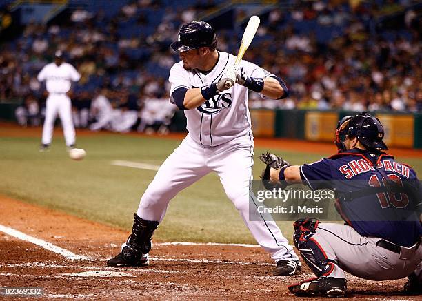 Outfielder Eric Hinske of the Tampa Bay Rays looks at a strike against the Cleveland Indians during the game on August 5, 2008 at Tropicana Field in...