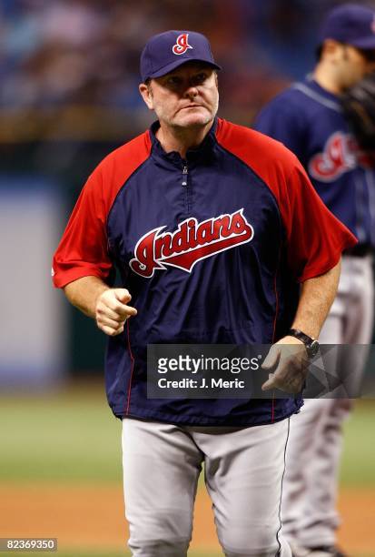 Manager Eric Wedge of the Cleveland Indians makes a pitching change against the Tampa Bay Rays during the game on August 5, 2008 at Tropicana Field...