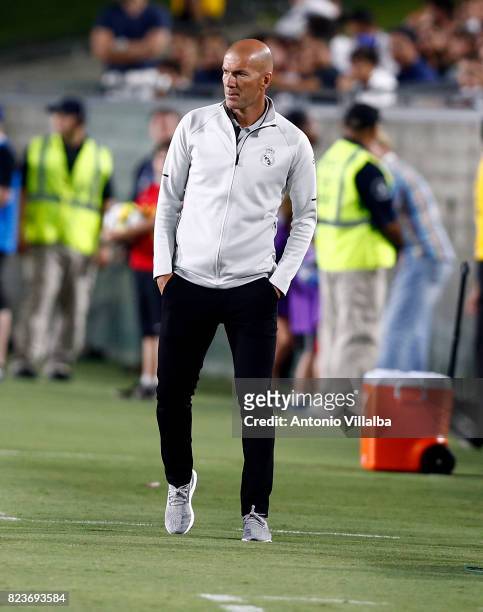 Head Coach of Real Madrid Zinedine Zidane during a match against Manchester City during the International Champions Cup soccer match at Los Angeles...