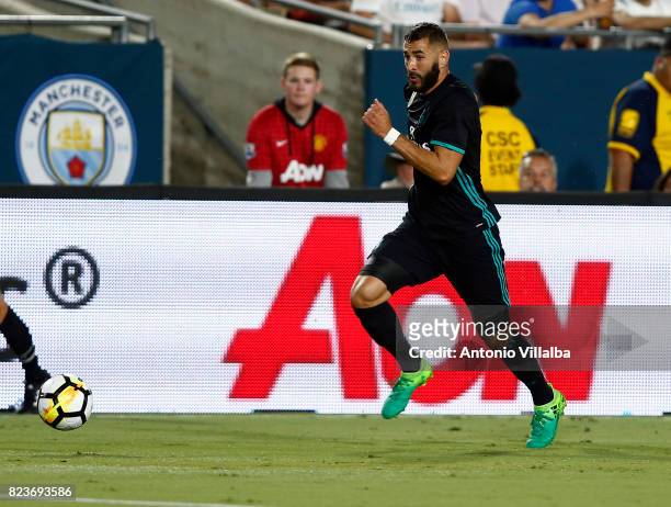 Benzema of Real Madrid during a match against Manchester City during the International Champions Cup soccer match at Los Angeles Memorial Coliseum on...