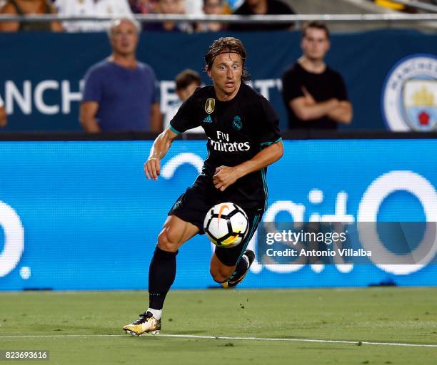 Modric of Real Madrid during a match against Manchester City during the International Champions Cup soccer match at Los Angeles Memorial Coliseum on...