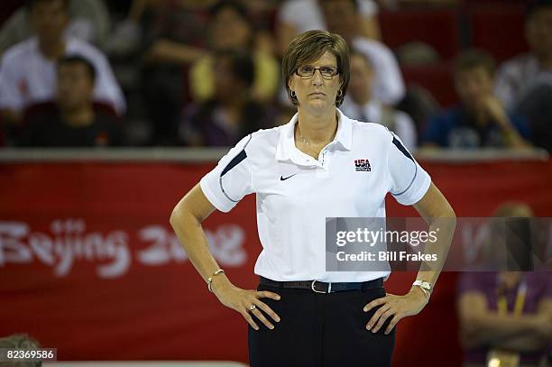 Summer Olympics: USA Coach Anne Donovan during Women's Preliminary Round Group B game vs Czech Republic at Olympic Basketball Gymnasium in Wukesong...