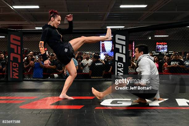 Cris Cyborg of Brazil holds an open workout session for fans and media at UFC GYM La Mirada on July 27, 2017 in La Mirada, California.