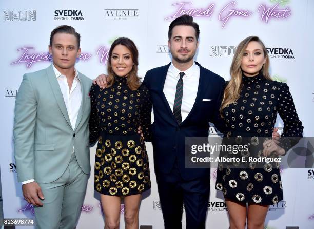 Actors Billy Magnussen and Aubrey Plaza, director Matt Spicer, and actor Elizabeth Olsen at the premiere of Neon's "Ingrid Goes West" at ArcLight...