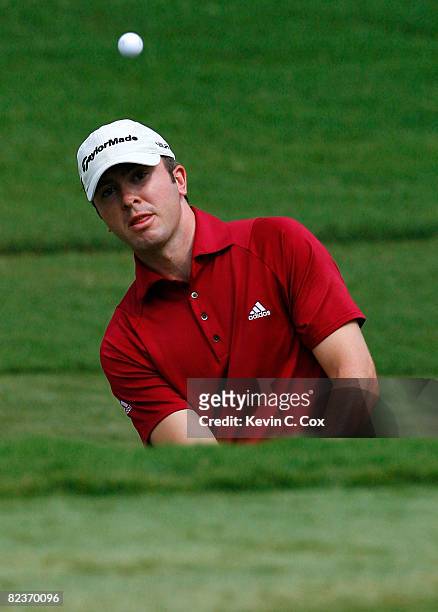 Martin Laird chips onto the 17th green during the second round of the 2008 Wyndham Championship at Sedgefield Country Club on August 15, 2008 in...
