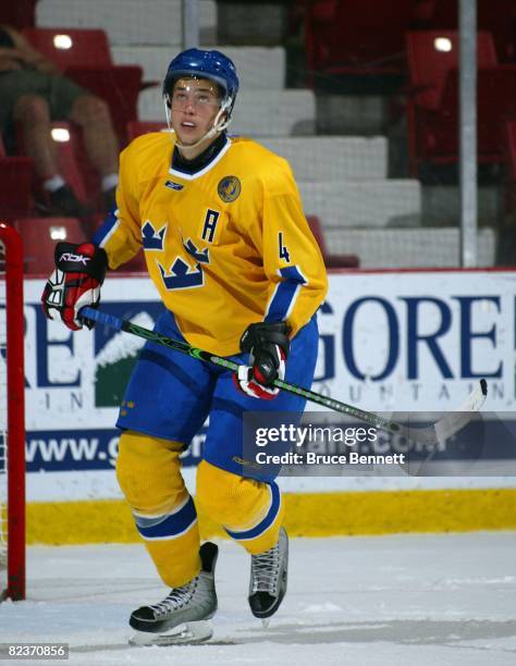 Victor Hedman of Team Sweden skates against Team USA at the USA Hockey National Junior Evaluation Camp on August 8, 2008 at the Olympic Center in...