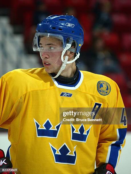 Victor Hedman of Team Sweden skates against Team USA at the USA Hockey National Junior Evaluation Camp on August 8, 2008 at the Olympic Center in...