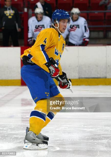 Victor Hedman of Team Sweden skates against Team USA at the USA Hockey National Junior Evaluation Camp on August 8, 2008 at the Olympic Center in...