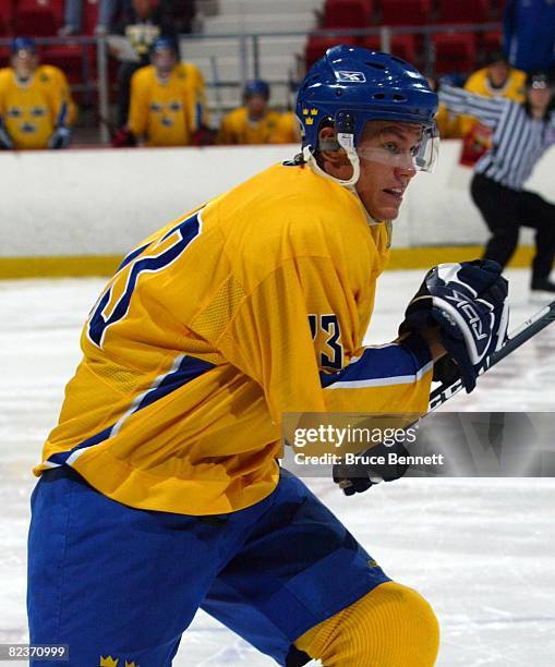 Markus Persson of Team Sweden skates against Team USA at the USA Hockey National Junior Evaluation Camp on August 8, 2008 at the Olympic Center in...