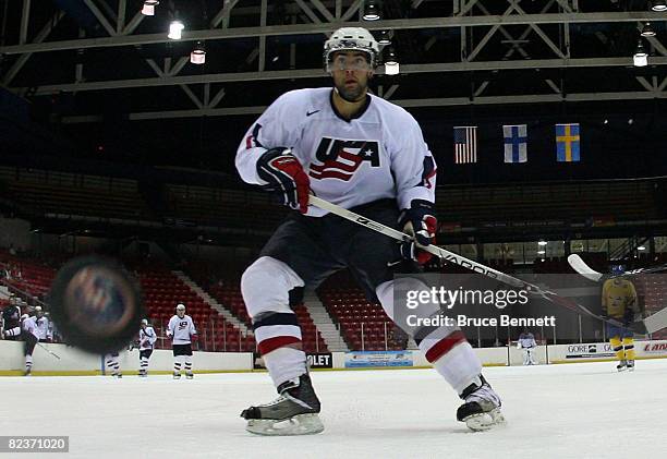 Nick Petrecki of Team USA skates against Team Sweden at the USA Hockey National Junior Evaluation Camp on August 8, 2008 at the Olympic Center in...