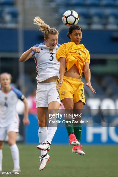 Samantha Mewis of the United States battles Samantha Kerr of Australia during the 2017 Tournament of Nations at CenturyLink Field on July 27, 2017 in...
