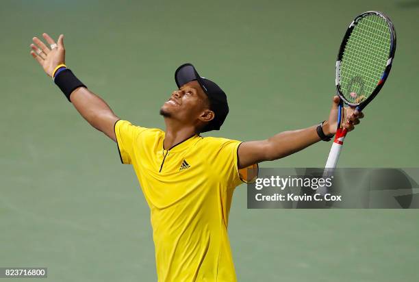 Christopher Eubanks reacts after defeating Jared Donaldson during the BB&T Atlanta Open at Atlantic Station on July 27, 2017 in Atlanta, Georgia.