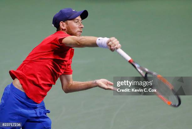 Dudi Sela of Israel serves to Jack Sock during the BB&T Atlanta Open at Atlantic Station on July 27, 2017 in Atlanta, Georgia.