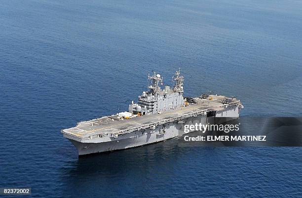 Helicopter carrier USS Tarawa sails across the Pacific Ocean during the "Panamax 2008" joint wargame on August 15, 2008. Civilian and military...