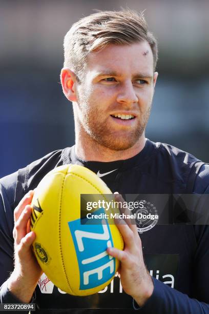 Sam Docherty of the Blues looks upfield during a Carlton Blues AFL training session at Visy Park on July 28, 2017 in Melbourne, Australia.