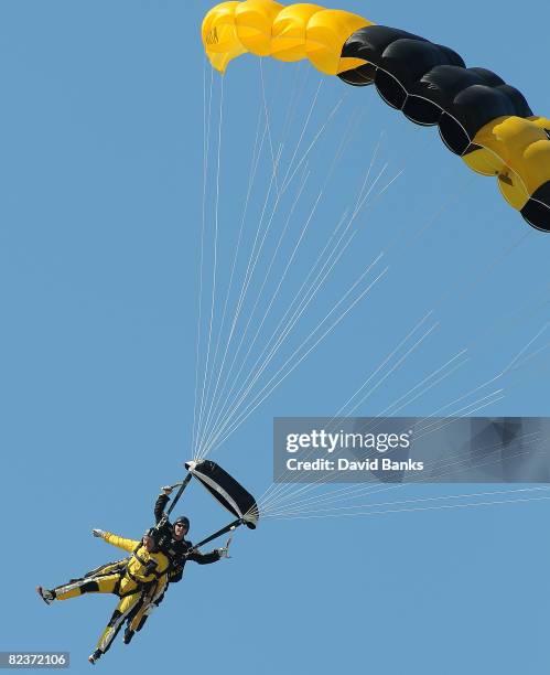 Actor Bill Murray sky dives tandem with Sgt. Joe Jones, a member of the U.S. Army parachute team the Golden Knights, at the 50th Chicago Air and...