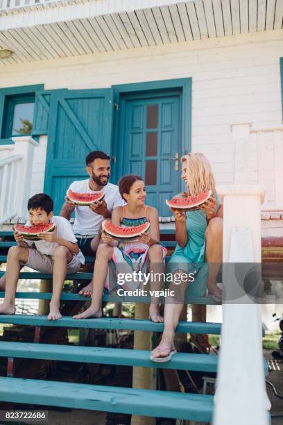 family in their lake house - cottage family stock pictures, royalty-free photos & images