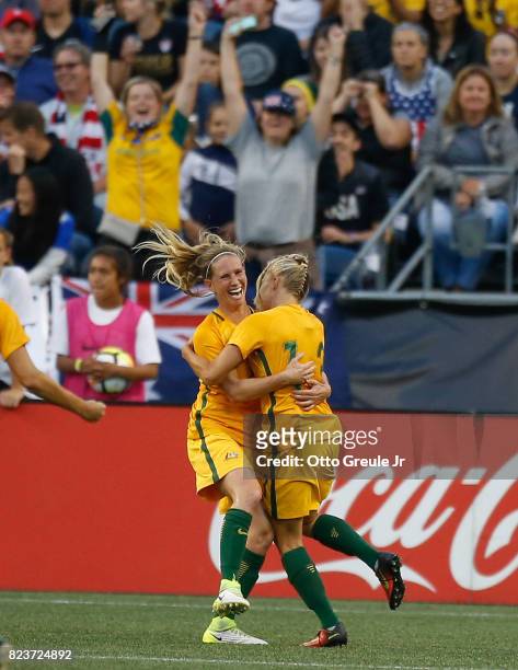 Tameka Butt of Australia celebrates with Elise Kellond-Knight after scoring a goal against the United States during the 2017 Tournament of Nations at...