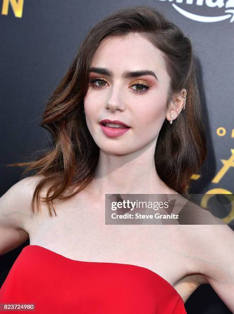 Lily Collins arrives at the Premiere Of Amazon Studios' "The Last Tycoon" at the Harmony Gold Preview House and Theater on July 27, 2017 in...