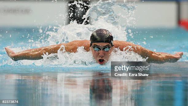 Michael Phelps of the United States competes in the Men's 100m Butterfly Final held at the National Aquatics Centre during Day 8 of the Beijing 2008...