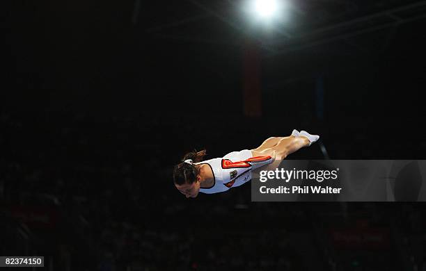 Anna Dogonadze of Germany competes in the Women's Trampoline Qualification at the National Indoor Stadium on Day 8 of the Beijing 2008 Olympic Games...