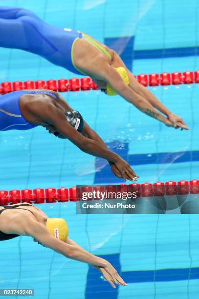 Sarah Sjostrom , Simone Manuel , Emma Mckeon , compete in a women's 100m freestyle semi-final during the swimming competition at the 2017 FINA World...