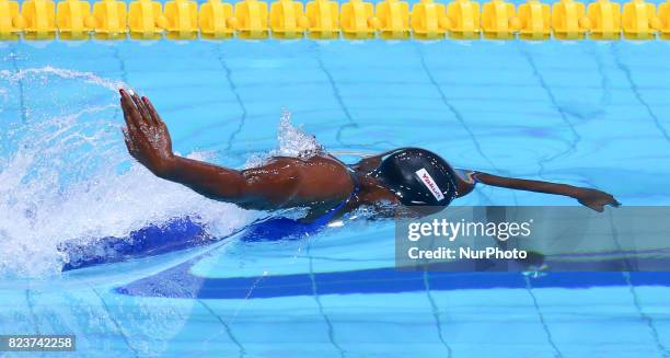 Simone Manuel competes in a women's 100m freestyle semi-final during the swimming competition at the 2017 FINA World Championships in Budapest, on...