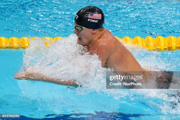 Nic Fink competes in a men's 200m breaststroke semi-final during the swimming competition at the 2017 FINA World Championships in Budapest, on July...