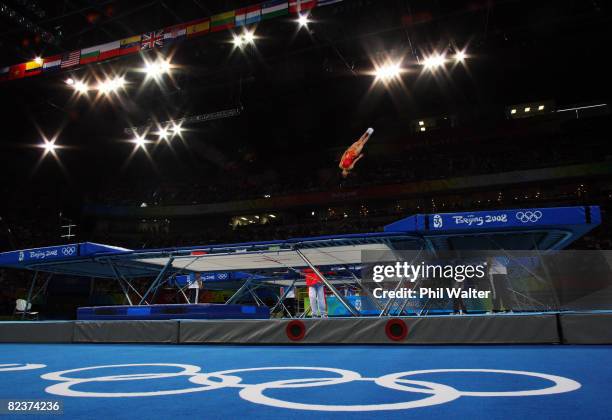 Huang Shanshan of China competes in the Women's Trampoline Qualification at the National Indoor Stadium on Day 8 of the Beijing 2008 Olympic Games on...