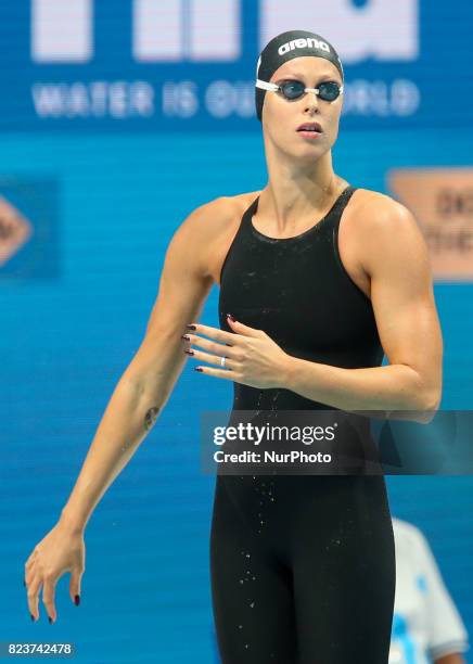 Federica Pellegrini of Italy competes during the Women's 100m Freestyle Heats on day fourteen of the Budapest 2017 FINA World Championships on July...