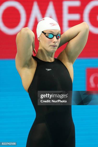 Penny Oleksiak competes during the Women's 100m Freestyle Heats on day fourteen of the Budapest 2017 FINA World Championships on July 27, 2017 in...