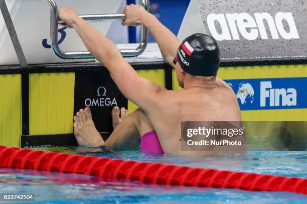 Poland's Radoslaw Kawecki competing in a men's 200m backstroke heat during the swimming competition at the 2017 FINA World Championships in Budapest,...