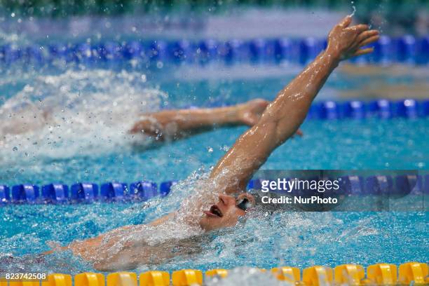 Poland's Radoslaw Kawecki competing in a men's 200m backstroke heat during the swimming competition at the 2017 FINA World Championships in Budapest,...